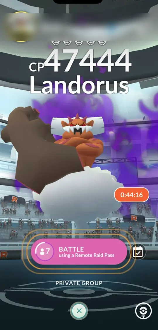 Shadow Landorus raid boss with its purple shadow aura, CP 47444
