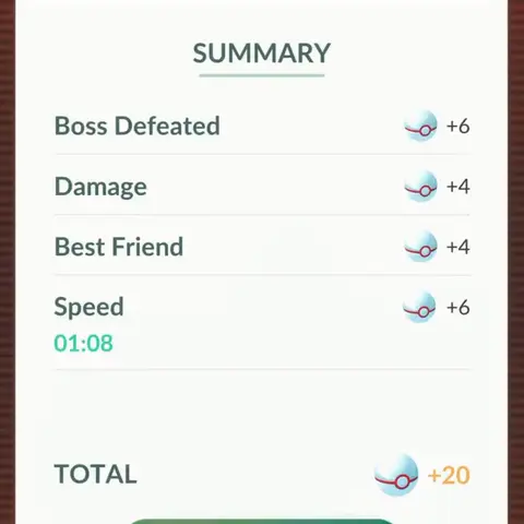 Raid summary: Premier Balls for boss defeated, damage, best friend and speed, 20 in total