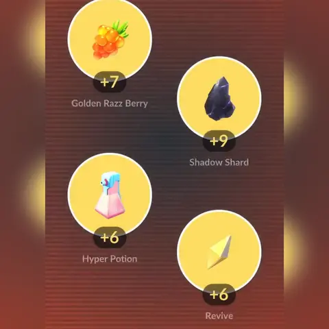 Shadow raid rewards: 7 Golden Razz Berries, 9 Shadow Shards, 6 Hyper Potions and 6 Revives