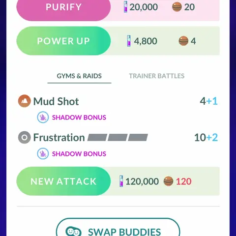 A Shadow Landorus summary screen showing Frustration as its charged attack, with Purify and Power Up buttons above