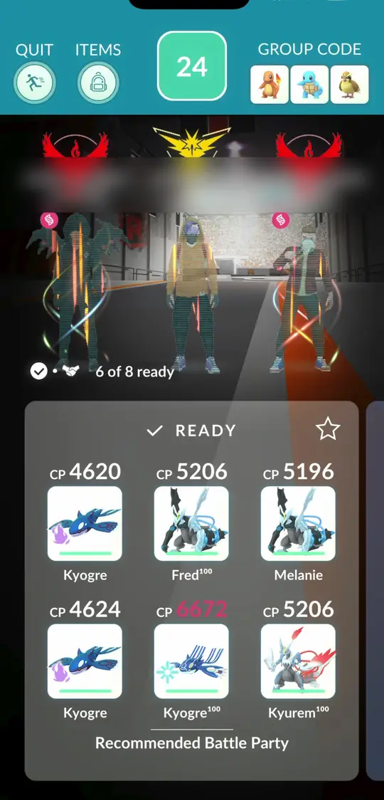 Raid lobby showing the recommended battle party of six Pokémon
